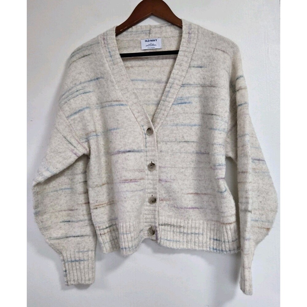 Old Navy Cardigan Womens S V Neck Button‎ Wool Sweater Cream Striped Grannycore